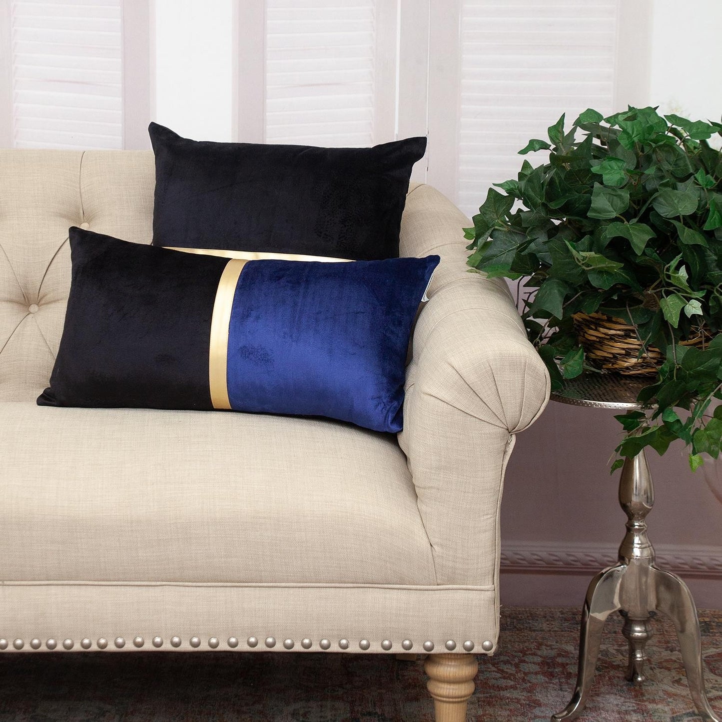 12" X 24" Black Blue and Gold Striped Velvet Throw Pillow