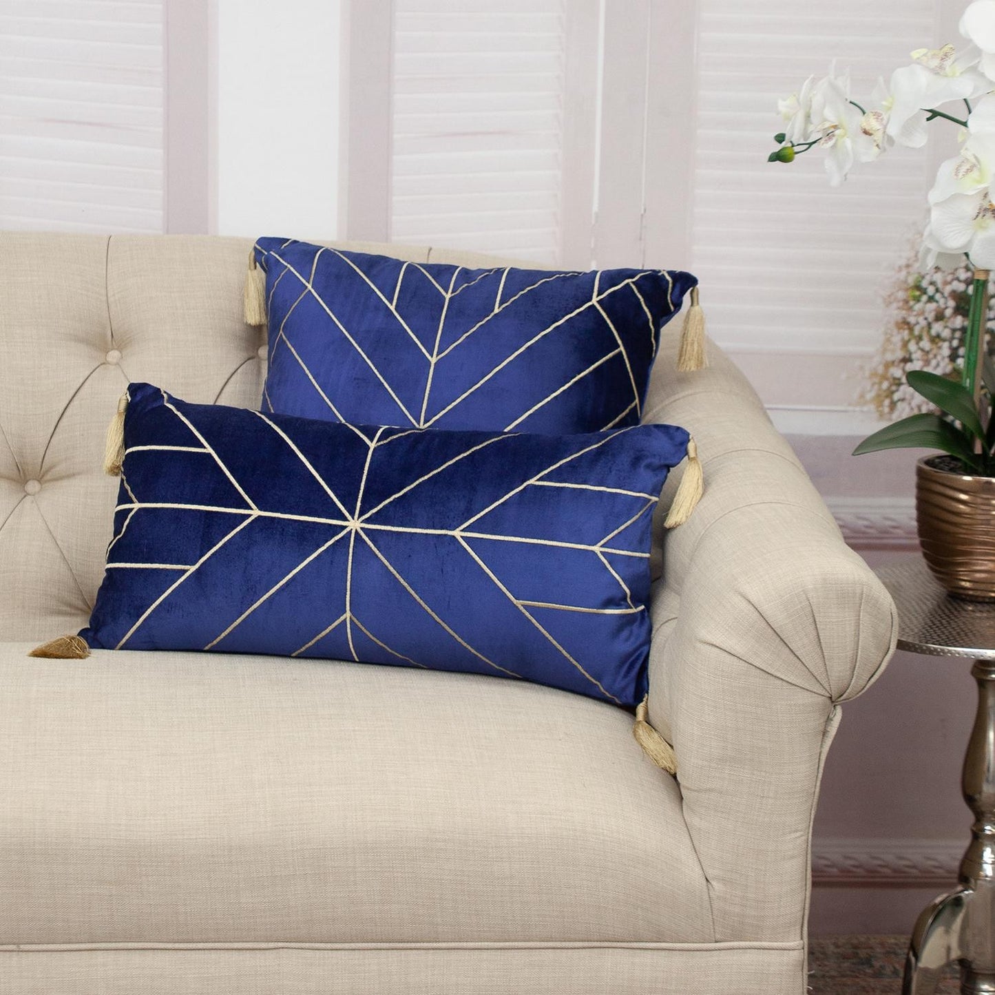 Blue and Gold Geo Velvet Throw Pillow with Gold Tassels