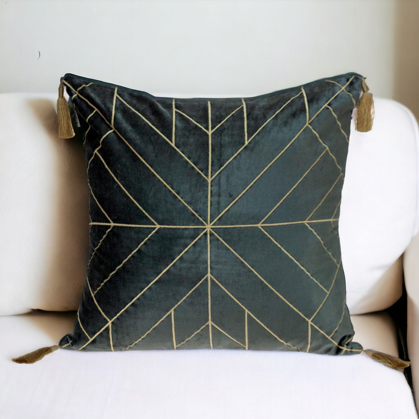 Charcoal and Gold Geo Velvet Throw Pillow with Gold Tassels