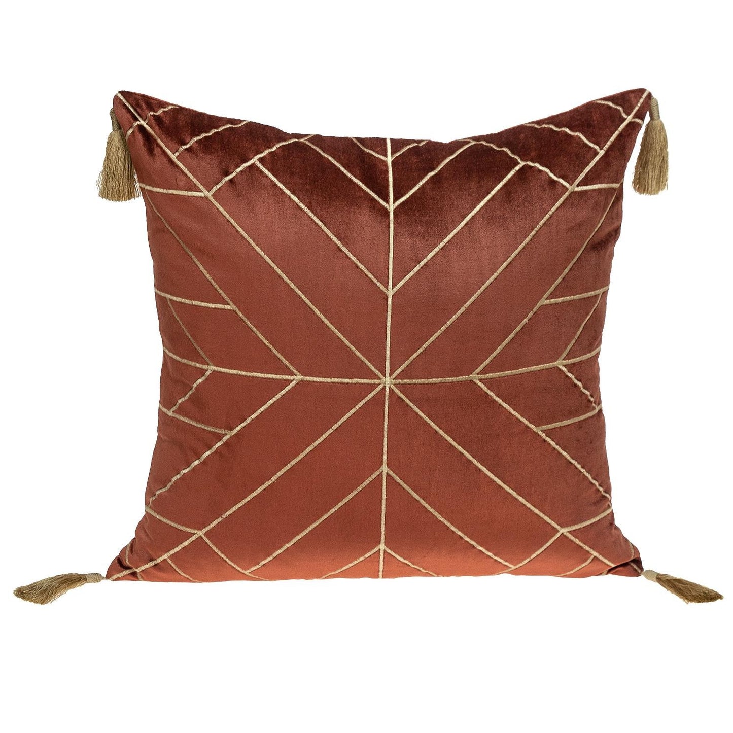 Burnt Orange and Gold Geo Velvet Throw Pillow with Gold Tassels