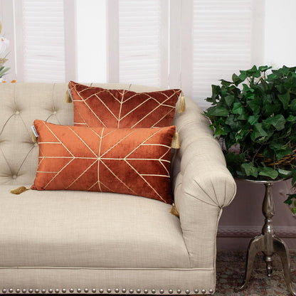 Burnt Orange and Gold Geo Velvet Throw Pillow with Gold Tassels