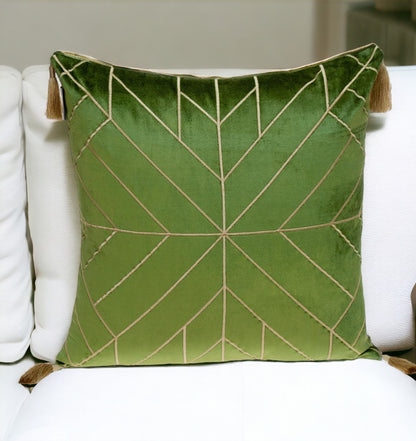 Olive and Gold Geo Velvet Throw Pillow with Gold Tassels