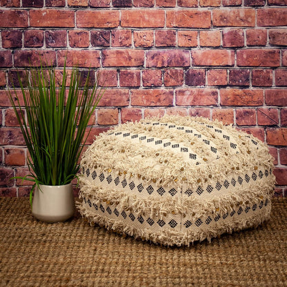 22" Beige Cotton Blend Abstract Pouf Ottoman