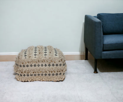 22" Beige Cotton Blend Abstract Pouf Ottoman