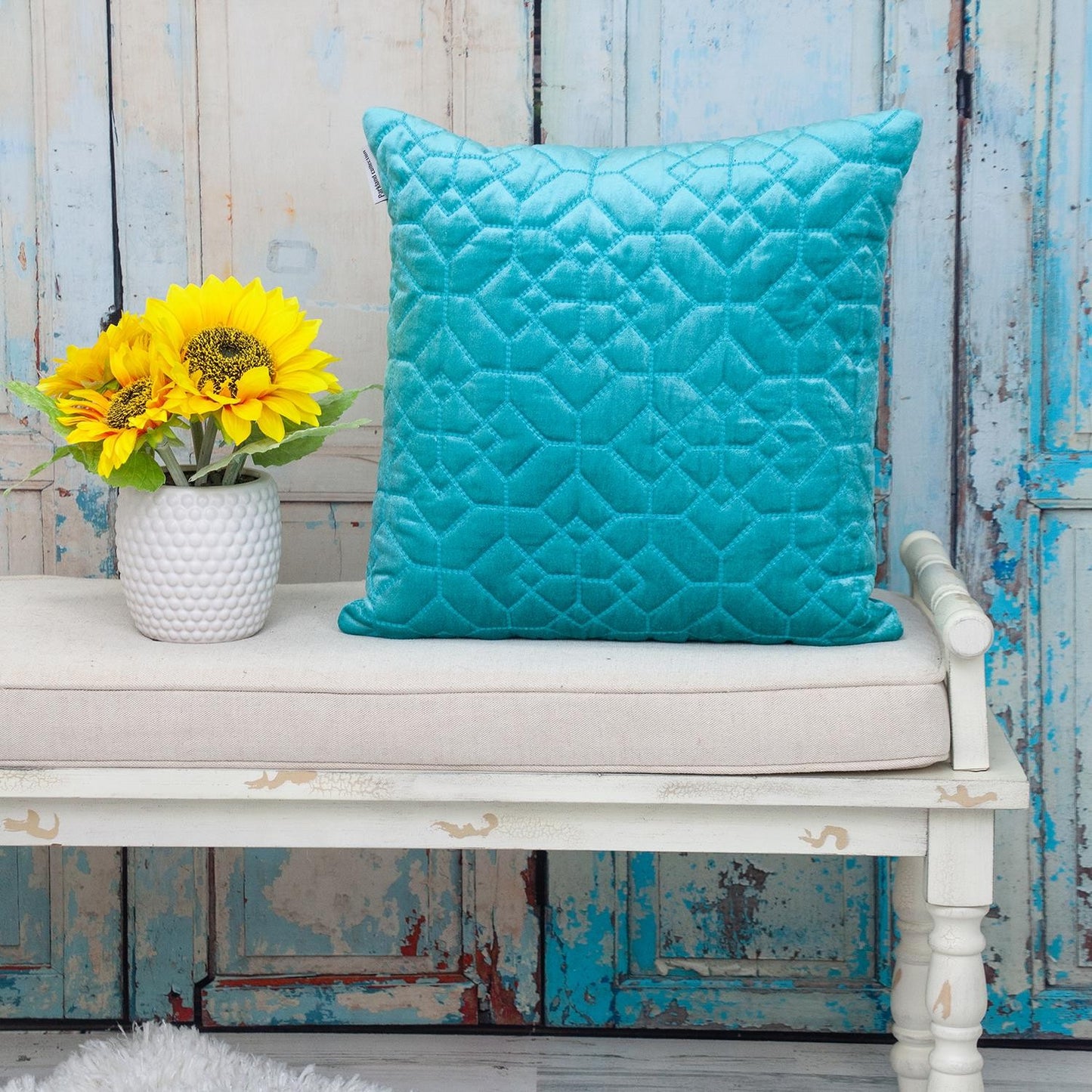 Aqua Quilted Velvet Geo Decorative Throw Pillow