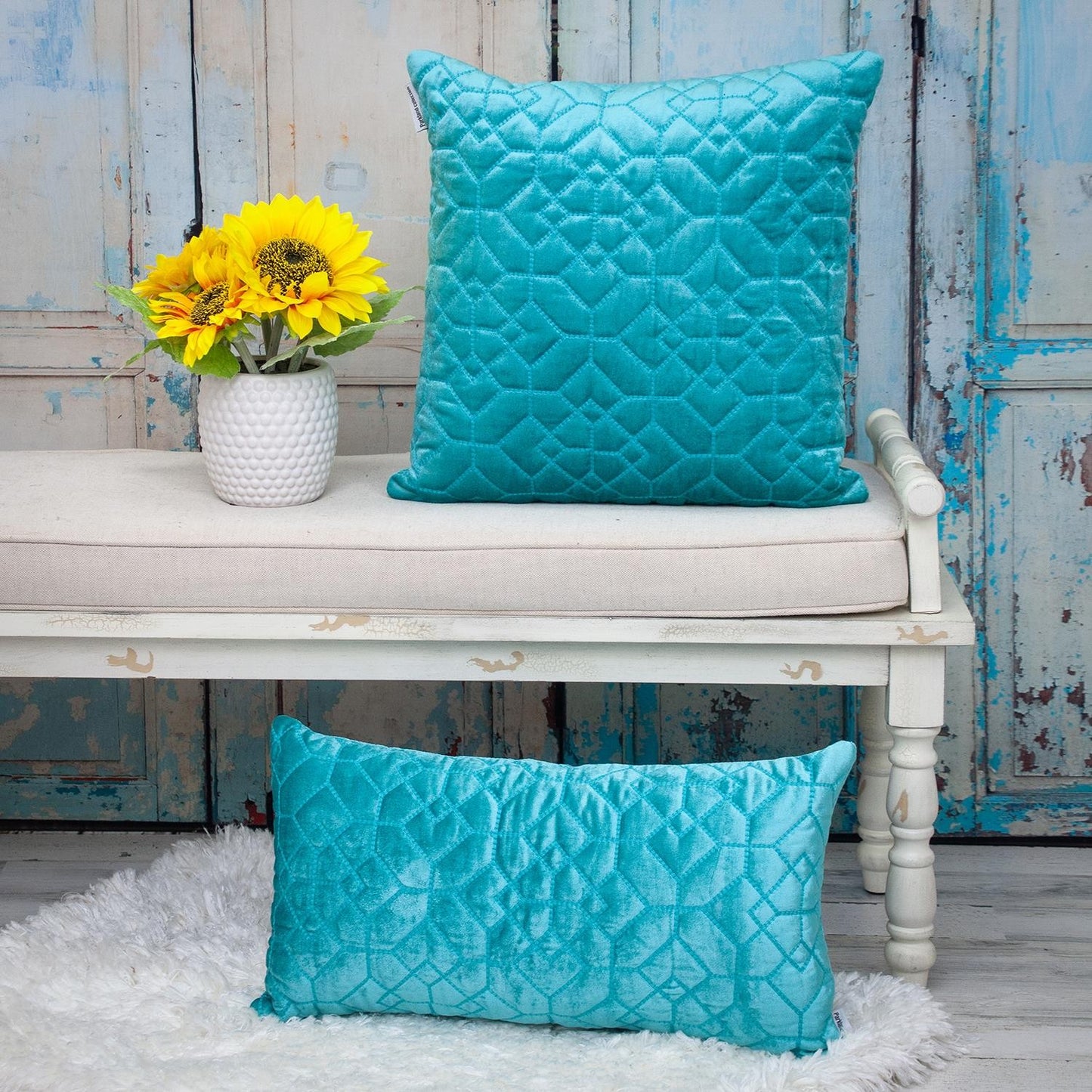 Aqua Quilted Velvet Geo Decorative Throw Pillow