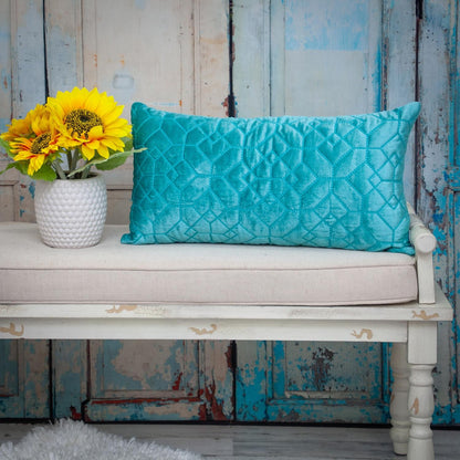 Aqua Quilted Velvet Geo Lumbar Decorative Pillow