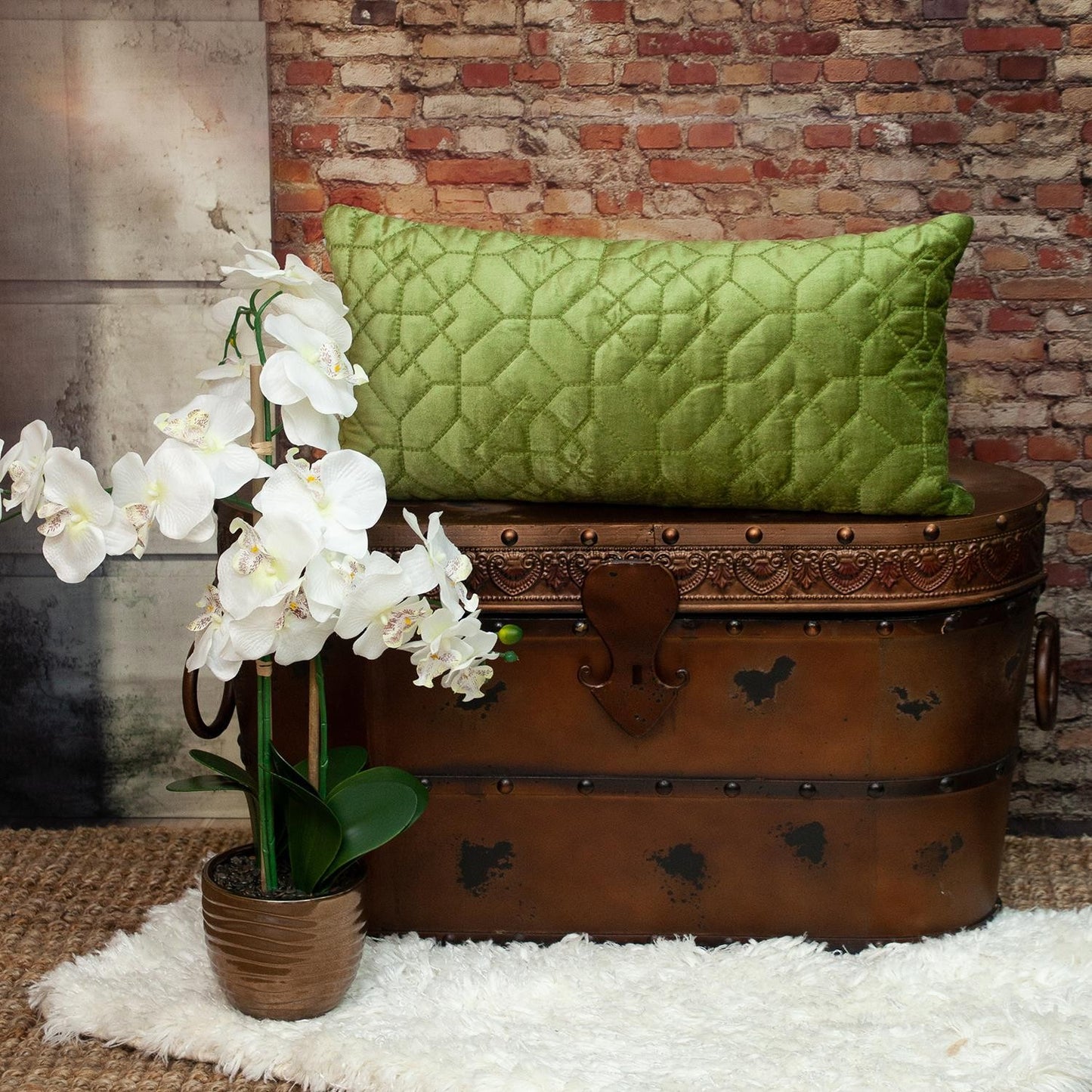 Olive Quilted Velvet Geo Lumbar Decorative Pillow