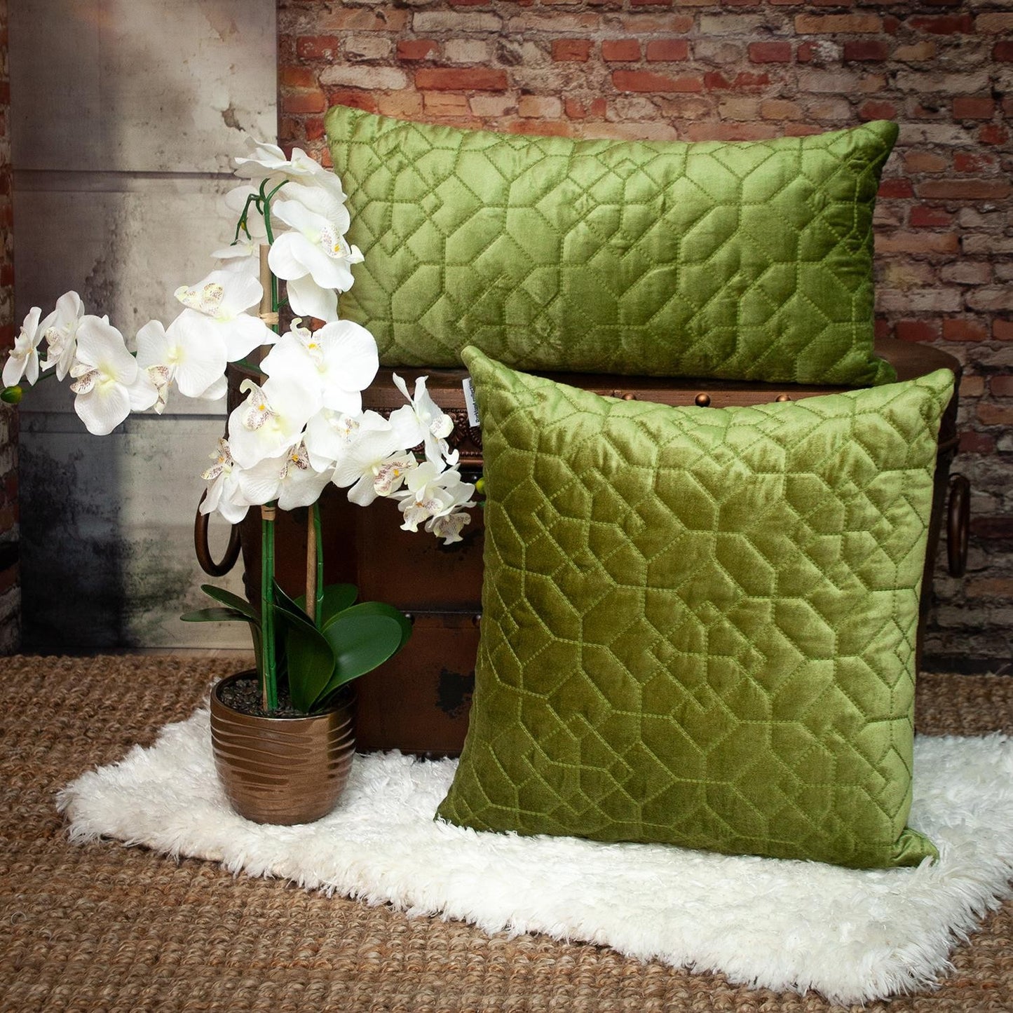 Olive Quilted Velvet Geo Lumbar Decorative Pillow