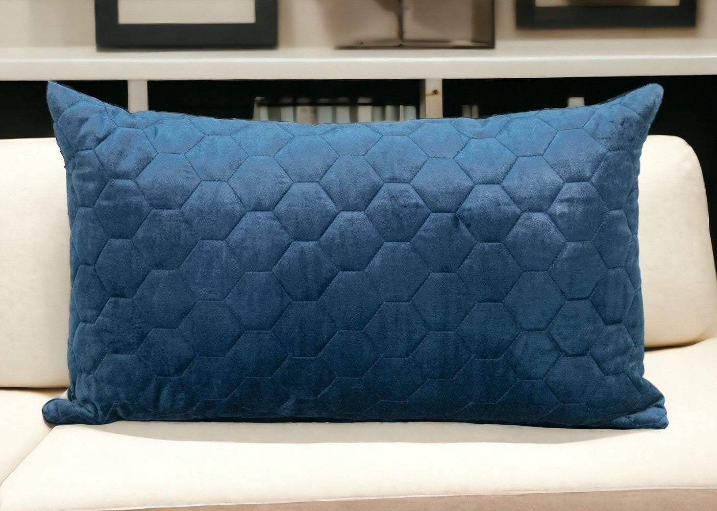 Navy Blue Tufted Velvet Quilted Lumbar Throw Pillow