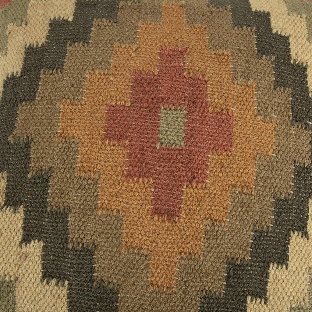 18" Brown and Green Geometric Jute Wool Blend Throw Pillow