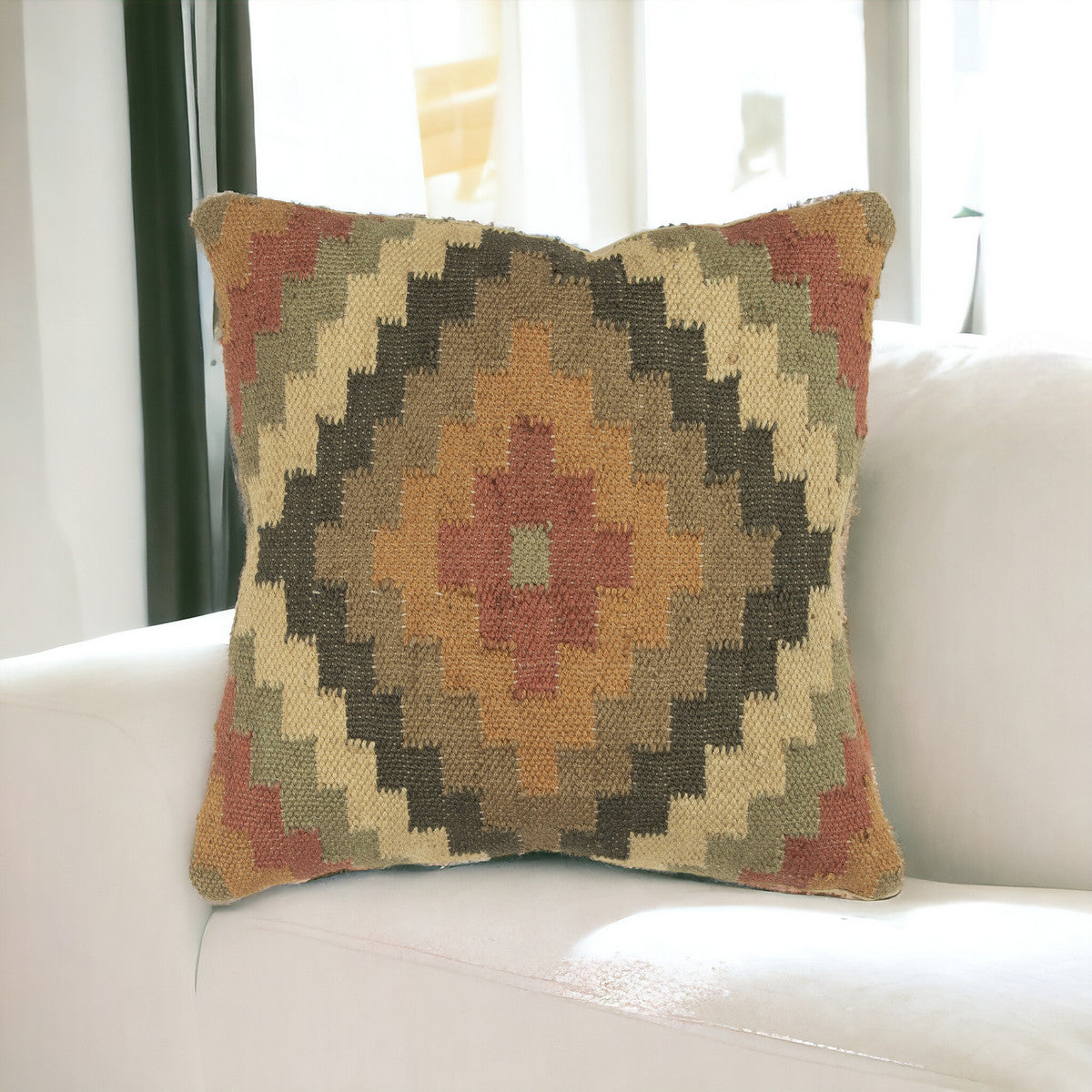 18" Brown and Green Geometric Jute Wool Blend Throw Pillow