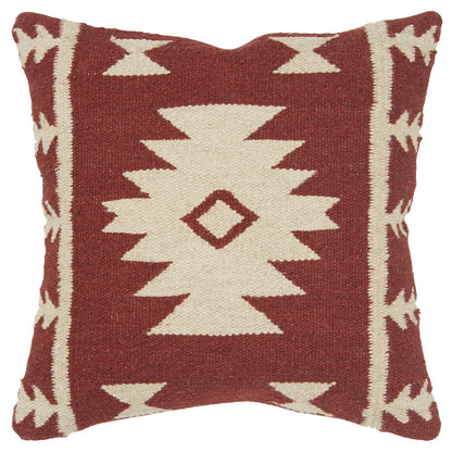 18" Red and Beige Cotton Throw Pillow