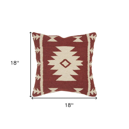 18" Red and Beige Cotton Throw Pillow