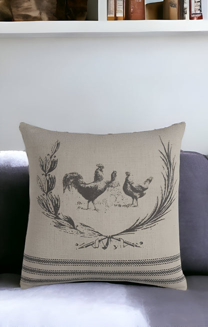 20" Natural and Gray Rooster Cotton Throw Pillow