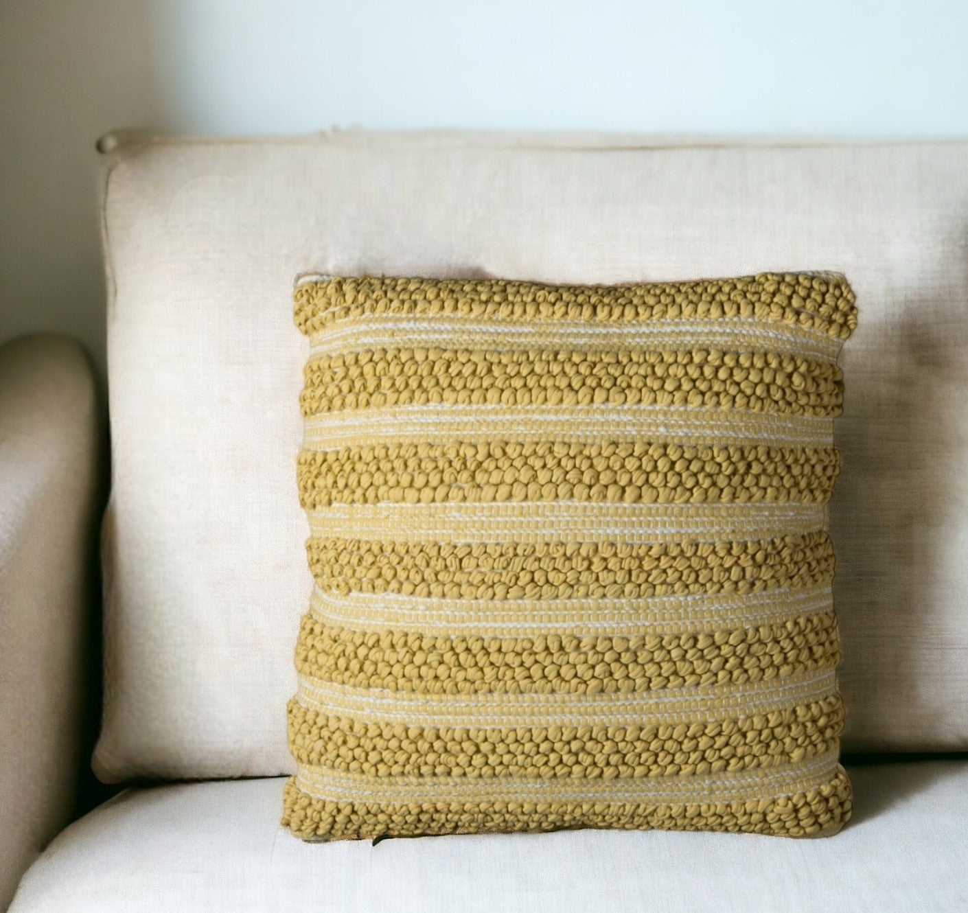 20" Yellow and Beige Cotton Throw Pillow