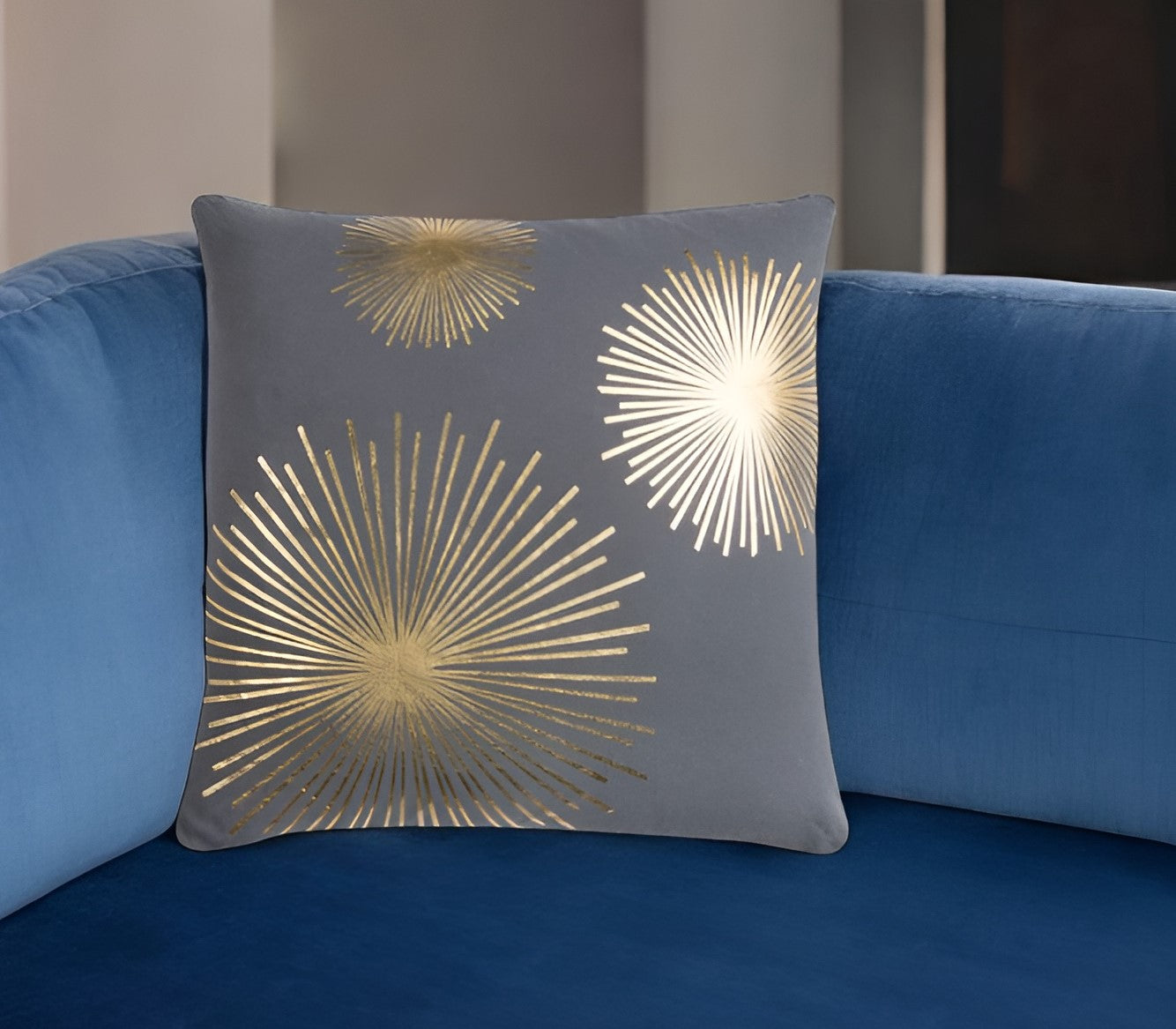 20" Gray and Gold Fireworks Cotton Throw Pillow