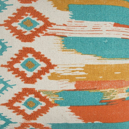 20" X 20" Ivory Blue and Orange Ikat Cotton Zippered Pillow With Embroidery