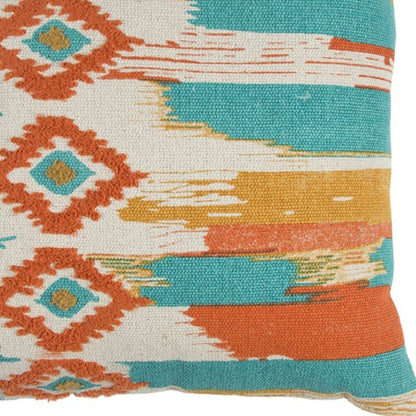 20" X 20" Ivory Blue and Orange Ikat Cotton Zippered Pillow With Embroidery