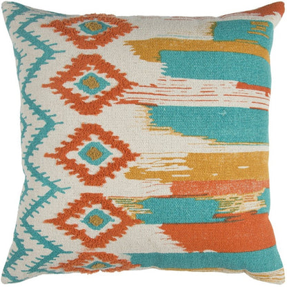 20" X 20" Ivory Blue and Orange Ikat Cotton Zippered Pillow With Embroidery