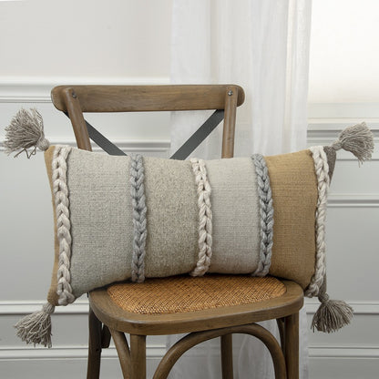 Beige Brown Braided Stripe Lumbar Pillow