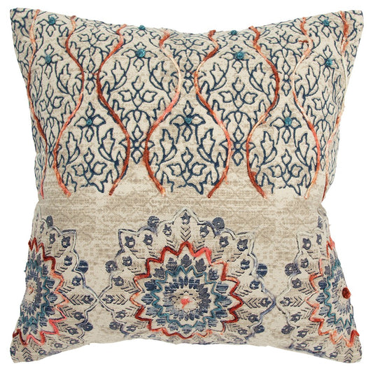 Beige Blue Distressed Floral Pattern Throw Pillow