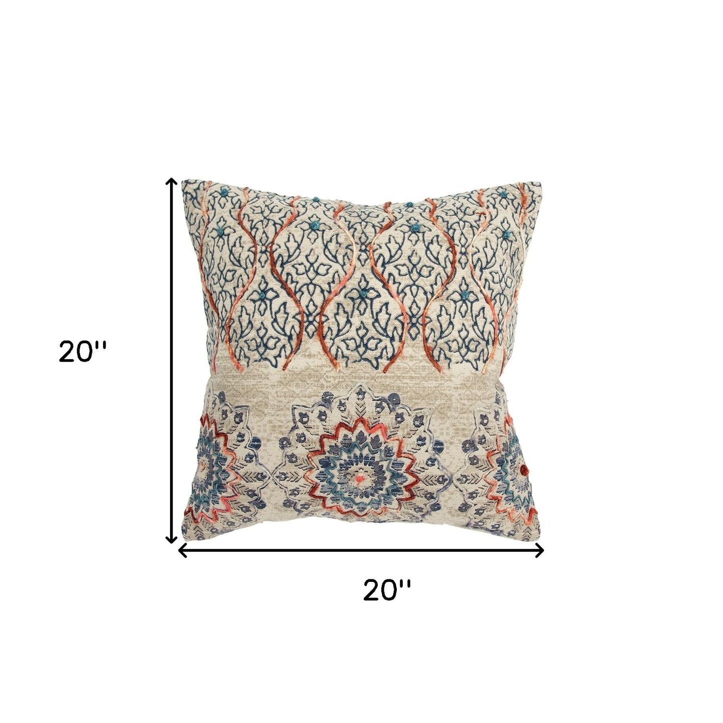 Beige Blue Distressed Floral Pattern Throw Pillow