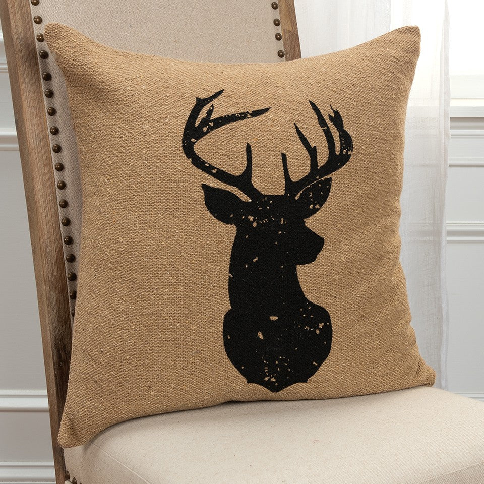 Tan Black Distressed Reindeer Throw Pillow