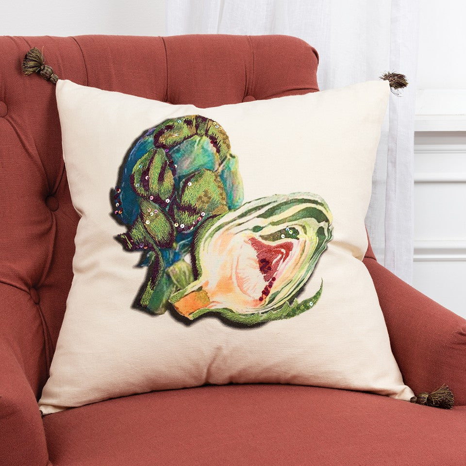 White Green Embroidered Artichoke Throw Pillow