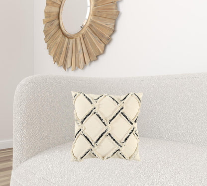 18" Cream and Black Textured Lattice Throw Pillow