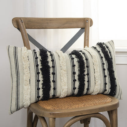 Beige Black Eyelash Fringe Textured Lumbar Pillow