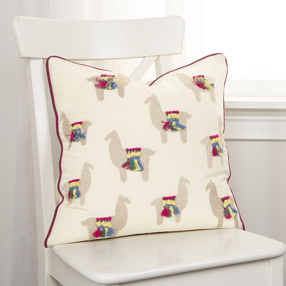 Ivory Fiesta Fun Embroidered Llamas Throw Pillow