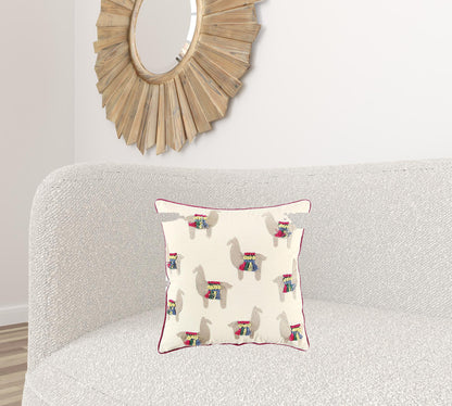 Ivory Fiesta Fun Embroidered Llamas Throw Pillow