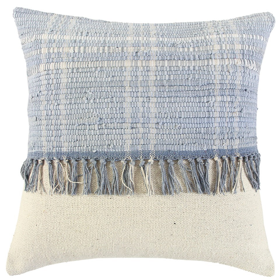 Ivory Blue Block Tasseled Throw Pillow