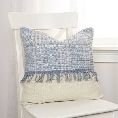 Ivory Blue Block Tasseled Throw Pillow