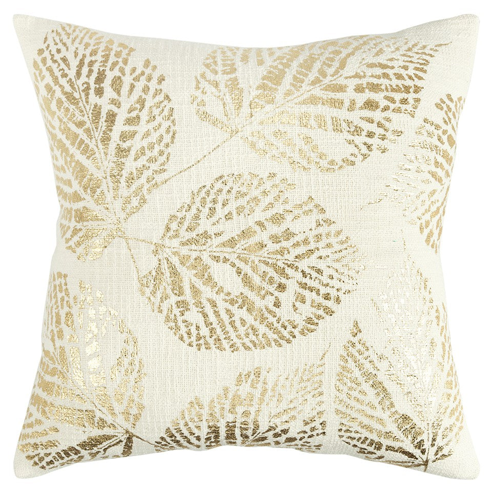 Ivory Gold Metallic Foil Leaf Pattern Throw Pillow