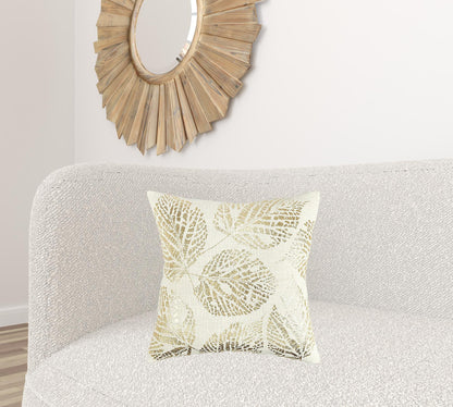 Ivory Gold Metallic Foil Leaf Pattern Throw Pillow