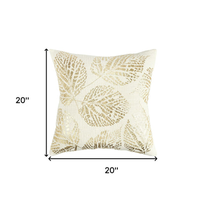 Ivory Gold Metallic Foil Leaf Pattern Throw Pillow