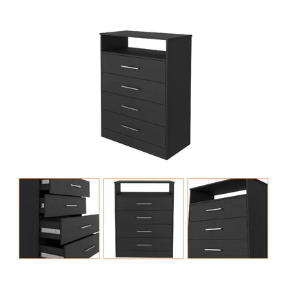 Modern Black Four Drawer Dresser with Hutch