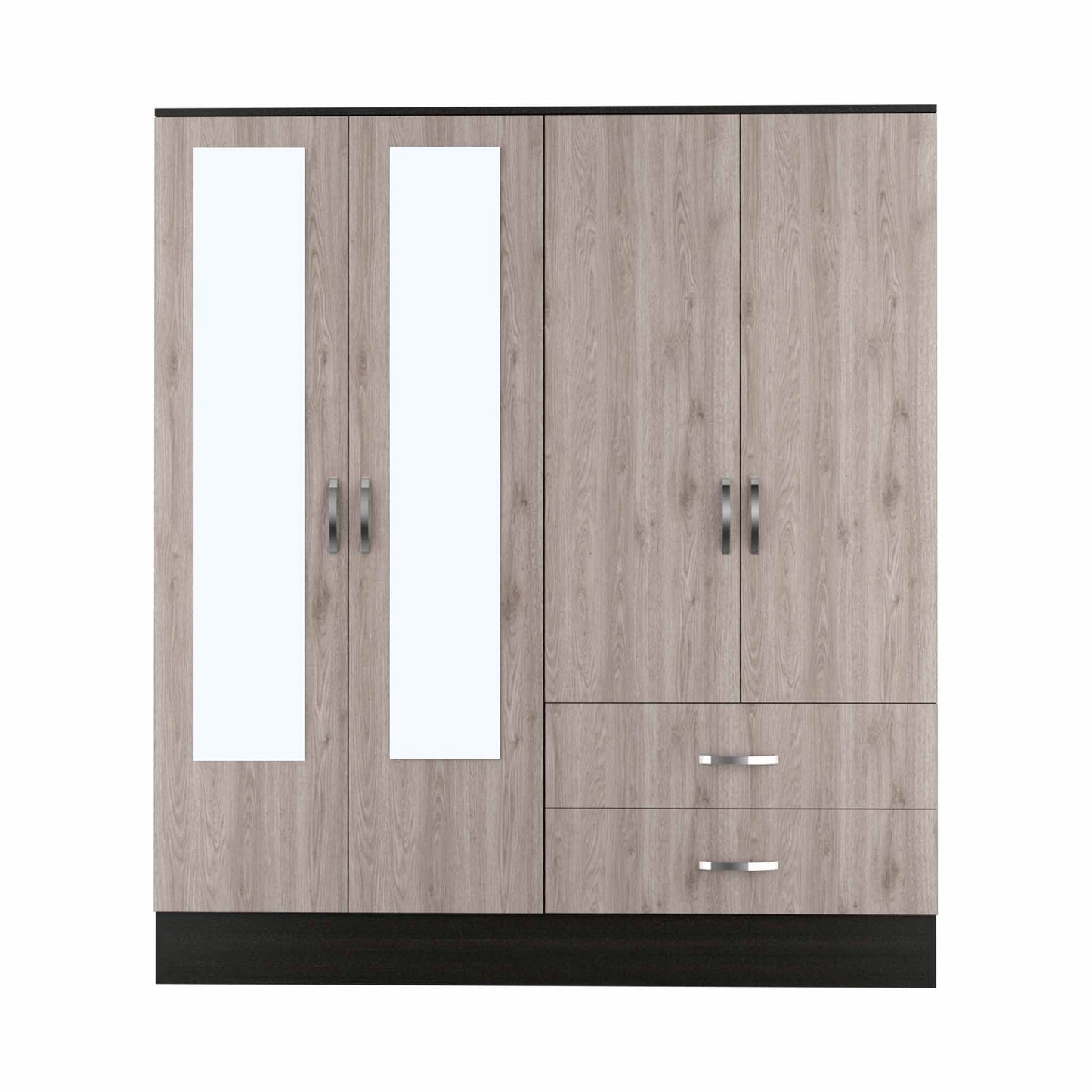 71" Light Oak and Black Four Door Wardrobe Closet with Mirrors