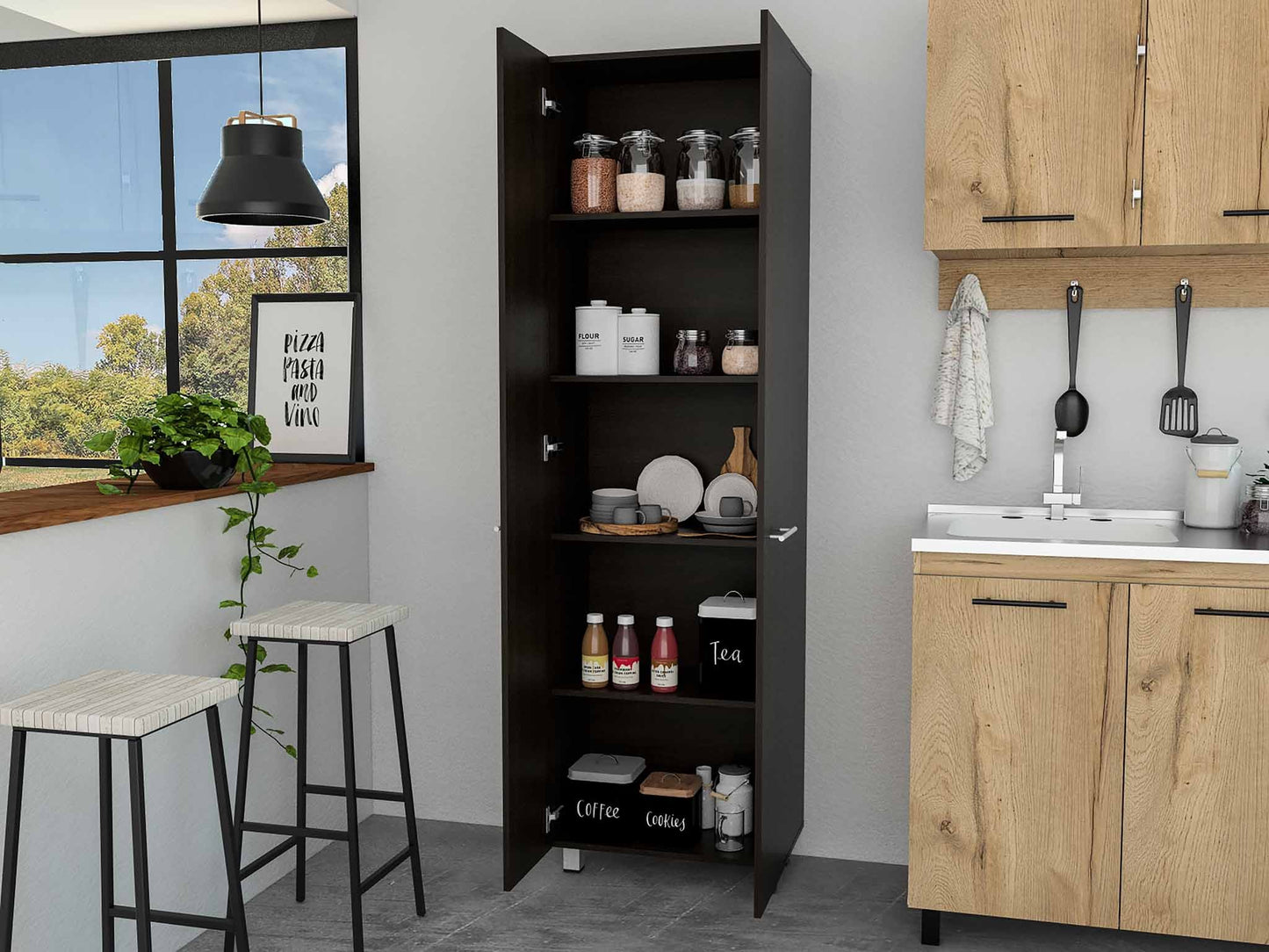 79" Modern Black Pantry Cabinet with Two Doors and Five Shelves