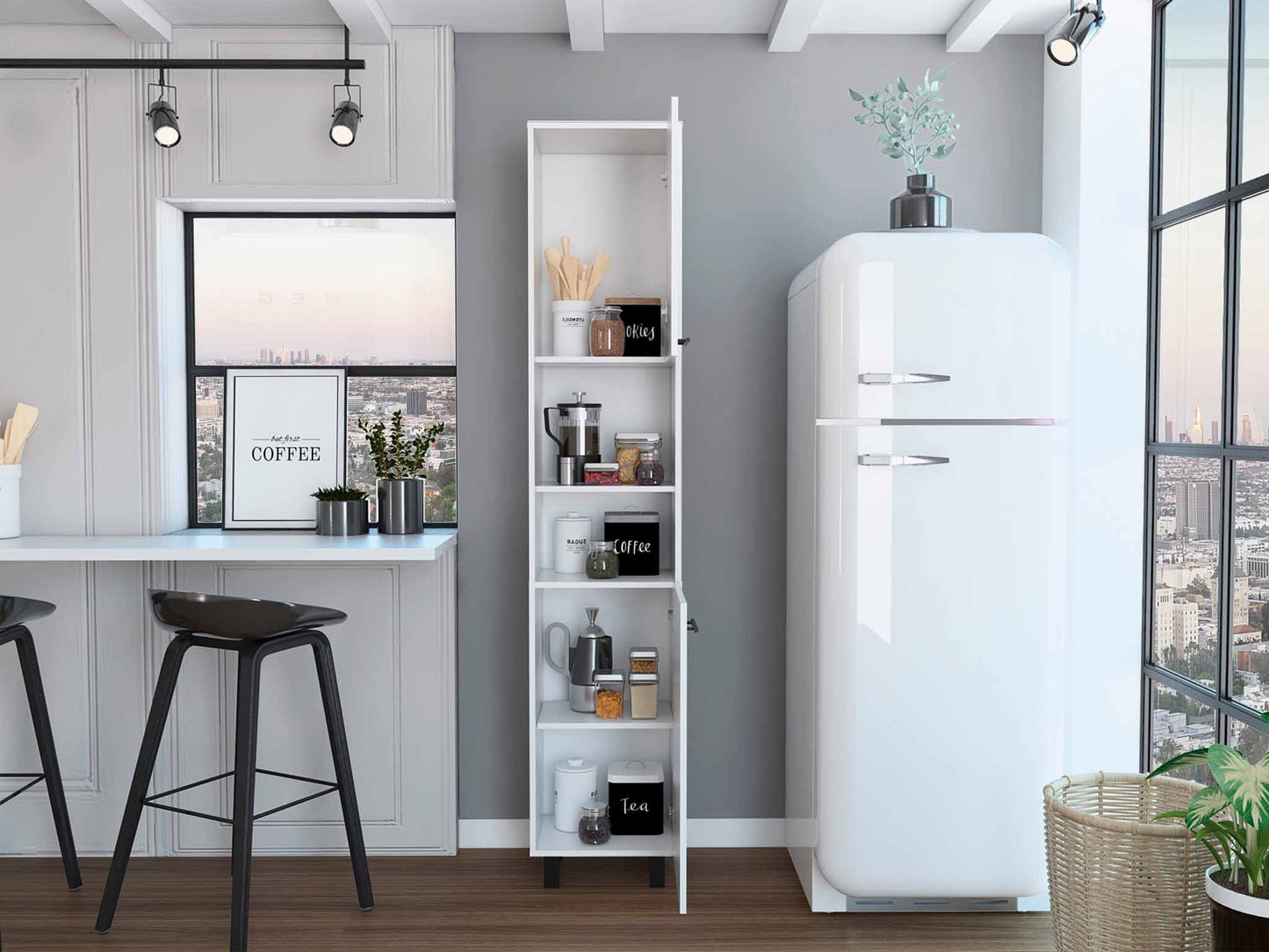 78" Modern White Pantry Cabinet with Five Shelves