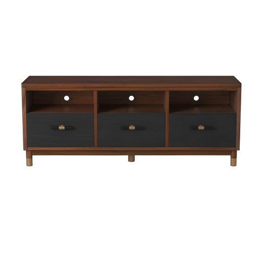 61" Brown and Black Solid Wood Open Shelving TV Stand