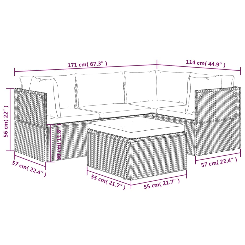 5 Piece Patio Lounge Set with Cushions Gray Poly Rattan