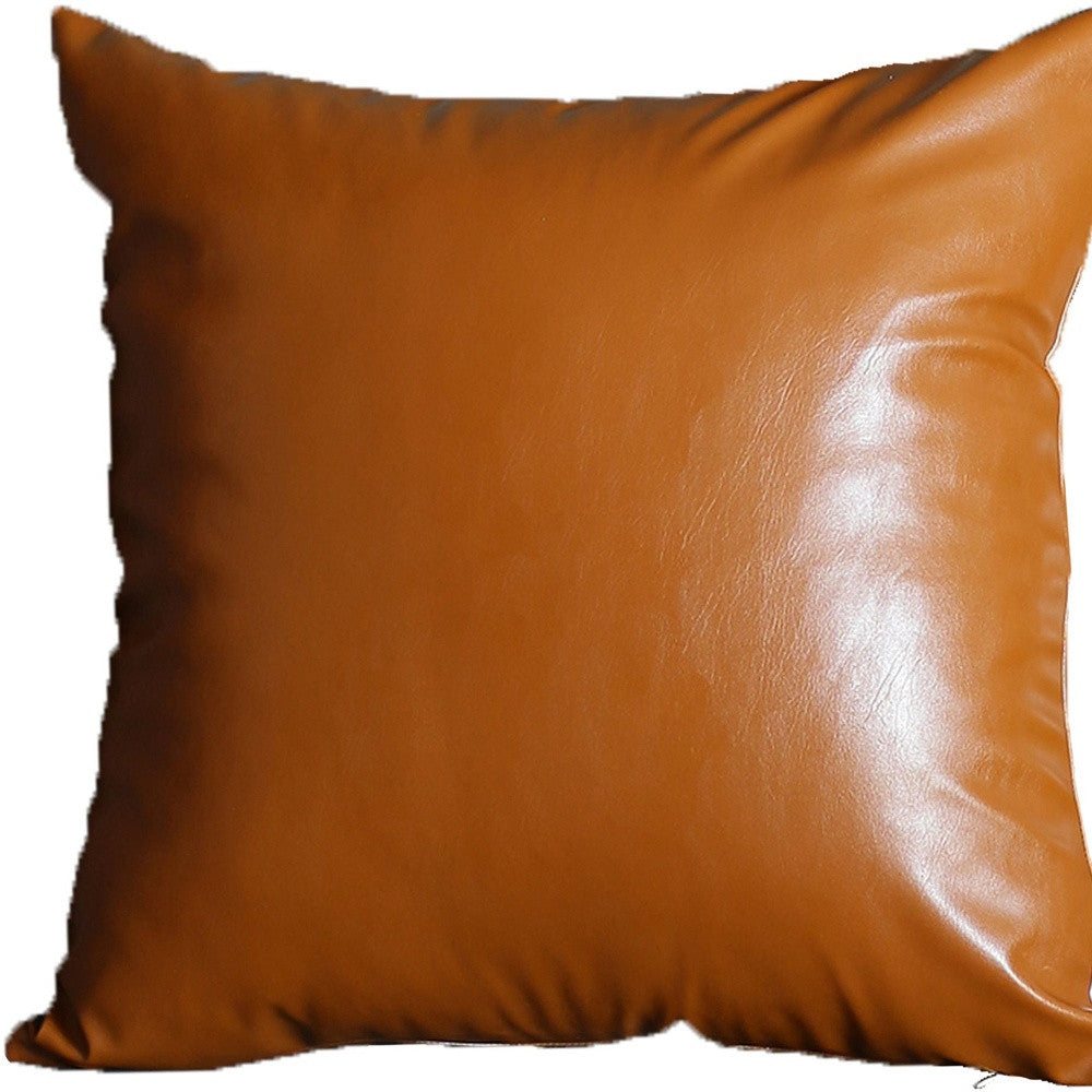 Set Of Four 17" X 17" Brown Faux Leather Zippered Pillow