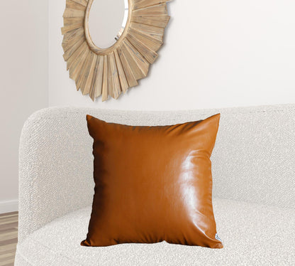 Set Of Two 24" X 24" Brown Faux Leather Zippered Pillow Cover