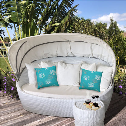 14" X 20" Aqua And White Corals Blown Seam Coastal Lumbar Indoor Outdoor Pillow