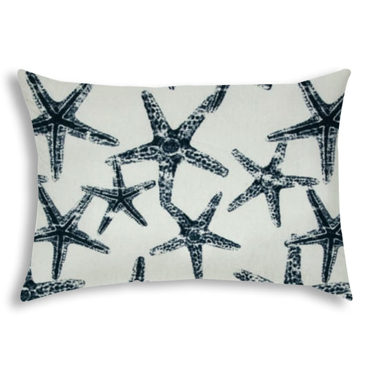 14" X 20" Navy Blue And White Starfish Blown Seam Coastal Lumbar Indoor Outdoor Pillow