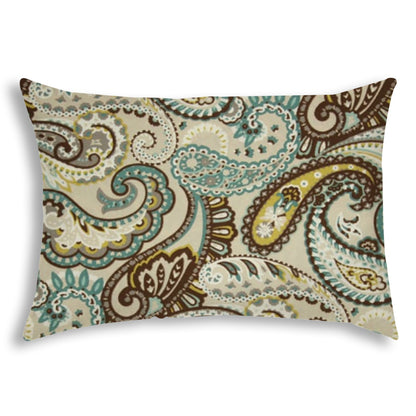 14" X 20" Brown And Teal Blown Seam Paisley Lumbar Indoor Outdoor Pillow