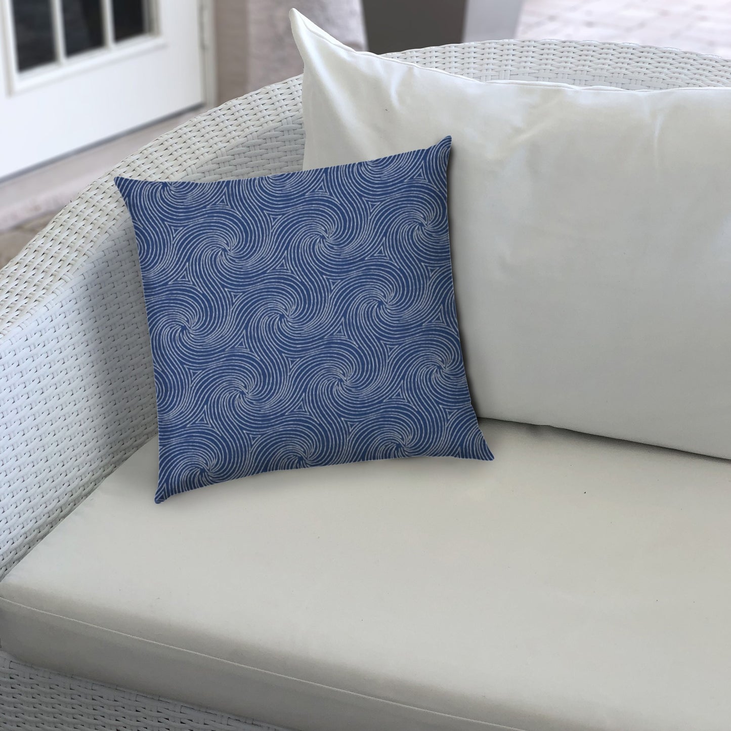 14" X 20" Blue And White Blown Seam Swirl Lumbar Indoor Outdoor Pillow